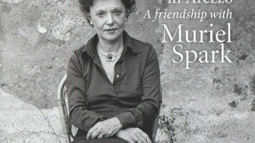 Black and white image of Muriel Spark sitting in a chair in front of a rustic wall, with the text from the book cover of Appointment in Arezzo, A friendship with Muriel Spark in white on the image