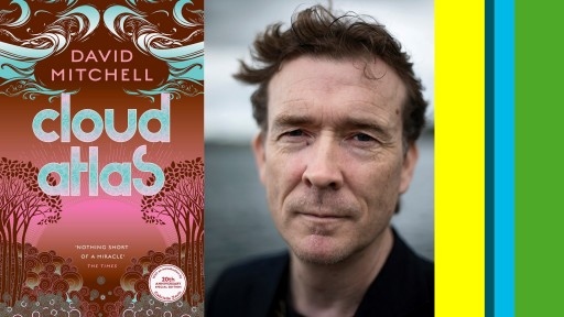 Head shot of author David Mitchell alongside book cover of Cloud Atlas