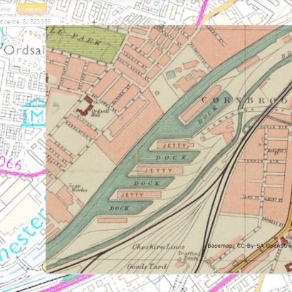 A map dating from 1900 of Pomona Island, Manchester superimposed over a modern map
