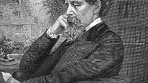 Black and white print of Charles Dickens