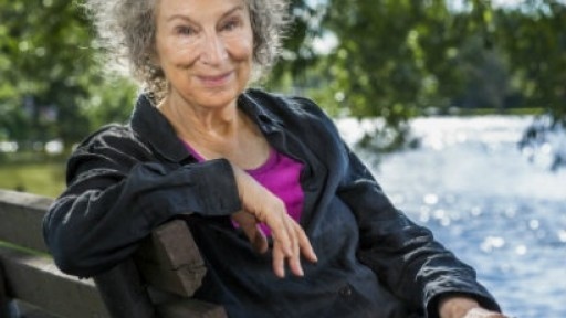 Image of Margaret Atwood sitting on park bench