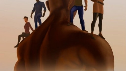 Drawn image of giant muscular man with his back to us, and several young people standing on his shoulders