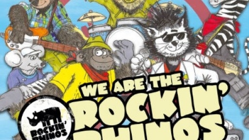 Drawn image of the Rockin' Rhinos - a group of different animals playing guitars, keyboards and drums