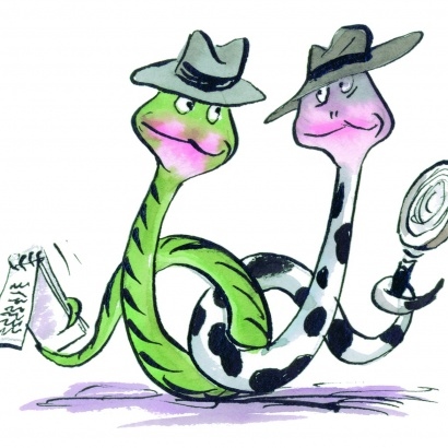 Two snakes illustrated by Tony Ross are dressed as detectives and are intertwined