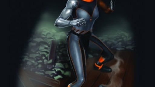 Graphic image of a woman in a grey and orange superhero outfit and holding a microphone like she's ready for action