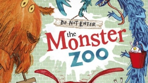Illustration from the front cover of Do Not Enter the Monster Zoo with several friendly-looking monsters peeping around the edge of the picture