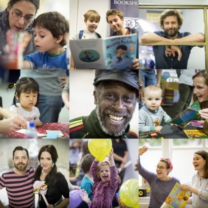 Children and adults enjoying the family reading day 2017.  Includes pictures of authors Ben Faulks, Ed Vere, Michael de Souza, Clare Foges & Al Murphy