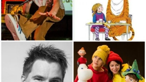 Collage of photos showing those involved in Family Reading Day including author Steve Anthony, comedian Kid Carpet, Get Lost and Found with Moomin puppets and the cover illustration from The Tiger who Came to Tea