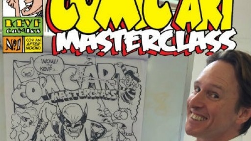 age of Kev Sutherland drawing cartoons on a board and turning and smiling