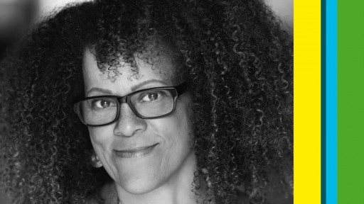 Black and white image of author Bernadine Evaristo