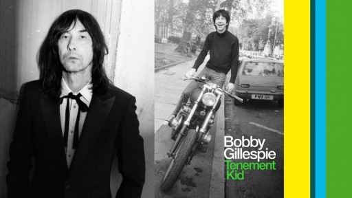Image of musician Bobby Gillespie and front cover of his book Tenement Kid