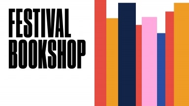 Festival Bookshop banner with coloured stripes