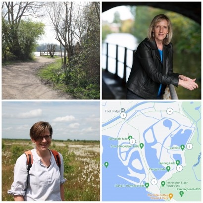 Collage of image: photo of Pennington Flash hide, trail map and  headshots of Clare Shaw & Jean Sprackland