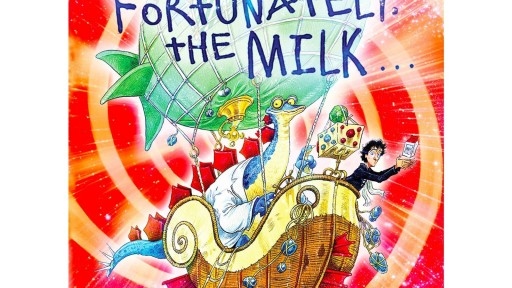 Cover from Neil Gaiman's latest novel fortunately the milk featuring a brightly coloured illustration of a boy and a dragon on a hot air balloon powered boat